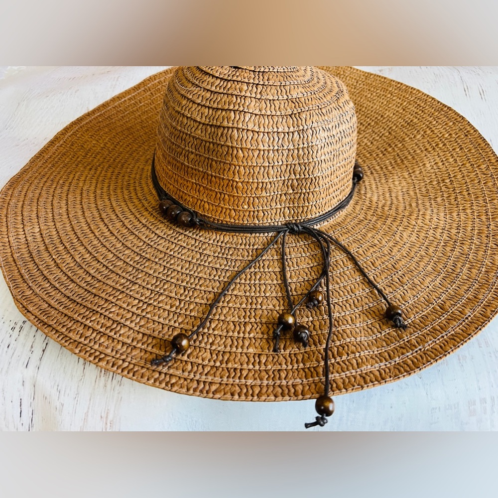 CaliGirl Women’s Wide Brim Straw Sun Hat Boho Beaded Beach Festival New